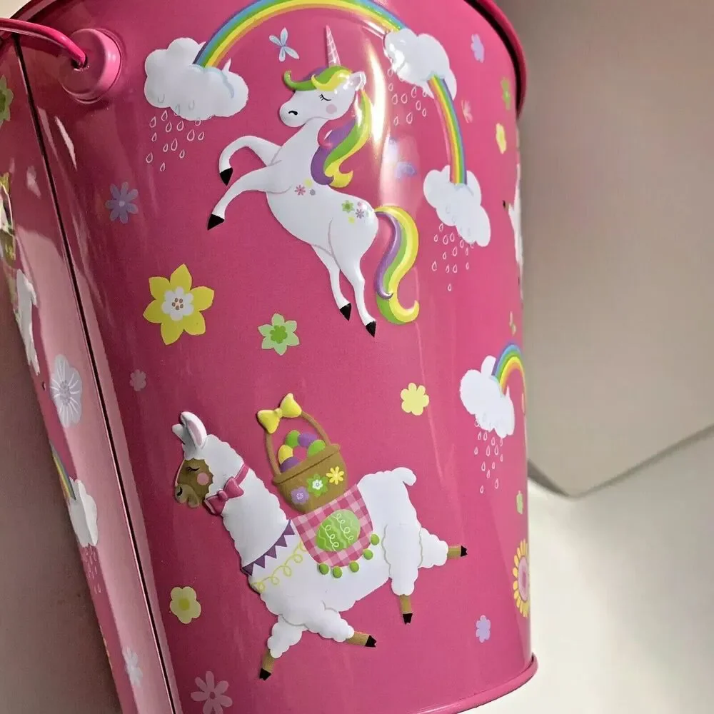 Child Metal Bucket with Plastic Handle Tin Pail Easter Sand Toy Pink Unicorn NEW